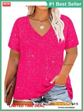 Plus Size Glitter V-Neck Short Sleeve Tunic T-Shirt Loose Fit Summer Casual